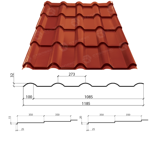 Металочерепиця AFINA 0,45 мм PEMA RAL 3011 Optima Steel