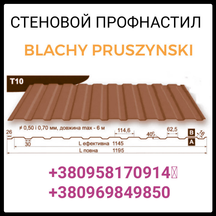 Профнаcтил Т-10 стіновий 0,45 мм (колір 8017 — коричневий, матовий) Прушинські